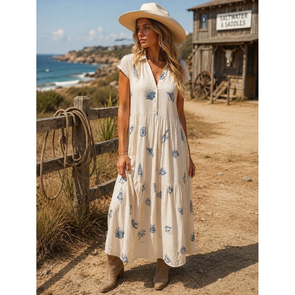 Jane + Delancey Tiered Maxi Dress Sz L Linen Blend Cream Sea Shells Coastal Boho